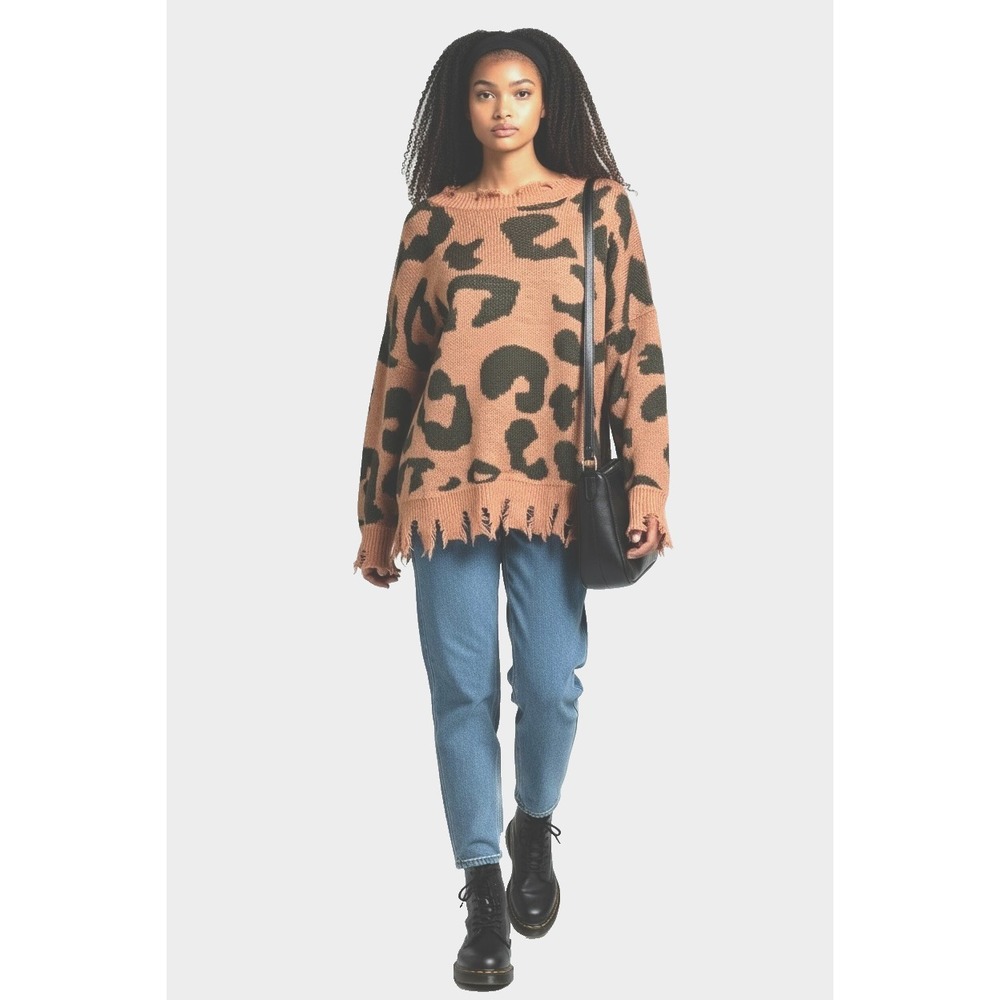 Easel Women's Frayed Sweater M Orange Black Oversized Slouchy Distressed Soft